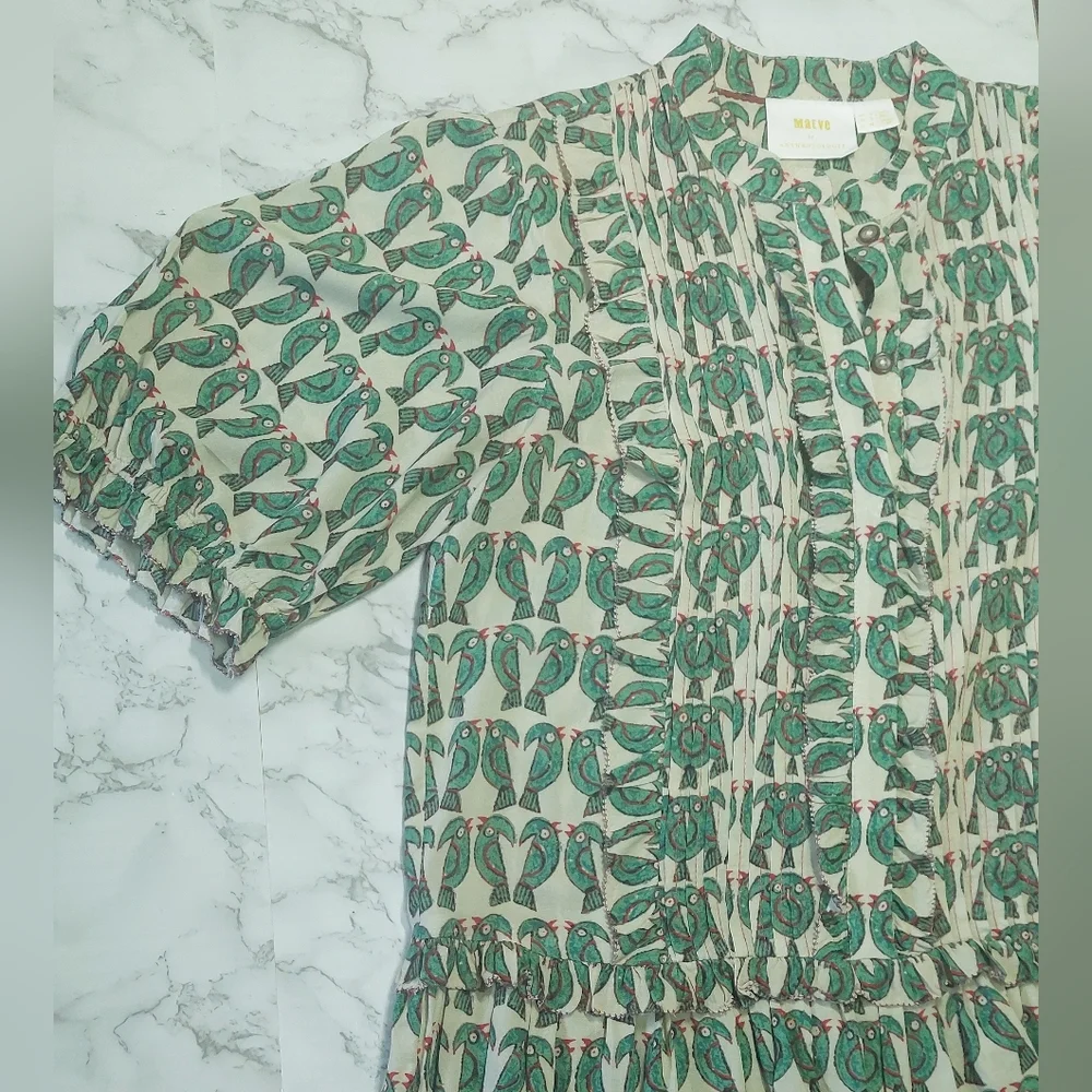 NWOT Anthropologie Maeve Parrot Ruffled Pleated Puff Sleeve Peplum Top, Size S - Picture 7 of 11